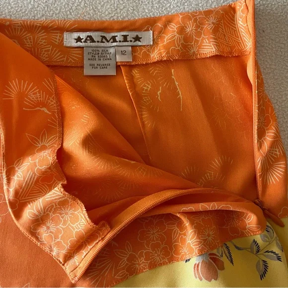A.M.I. SILK SKIRT ASYMMETRICAL FLORAL BIRDS SZ 12 - Picture 5 of 16